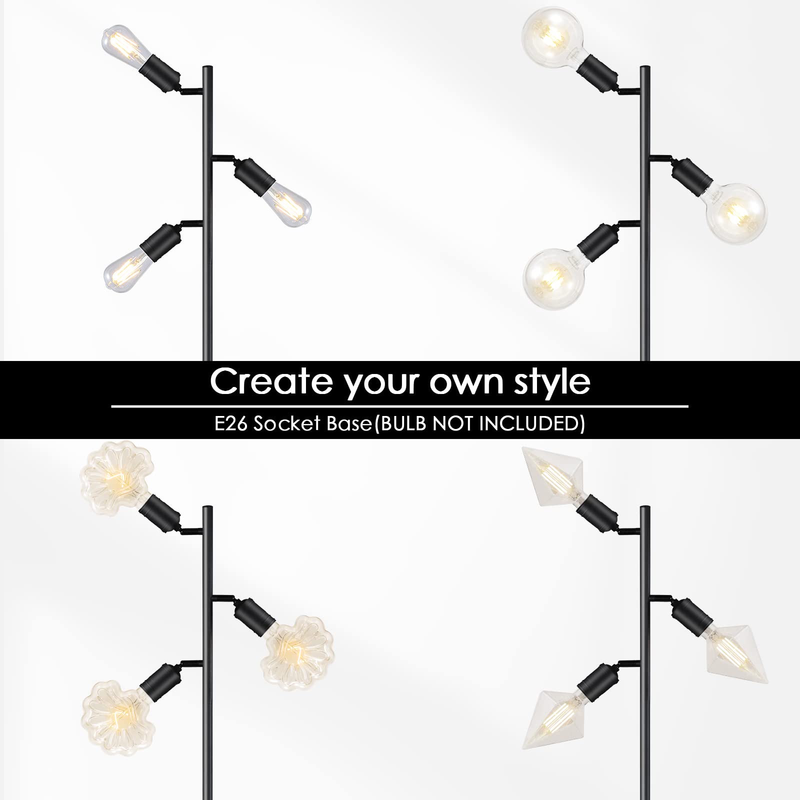 Lámpara de pie industrial con 3 luces giratorias ajustables, lámpara de pie de árbol para sala de estar, dormitorio, hogar, oficina (bombilla Edison E26, negro) 3