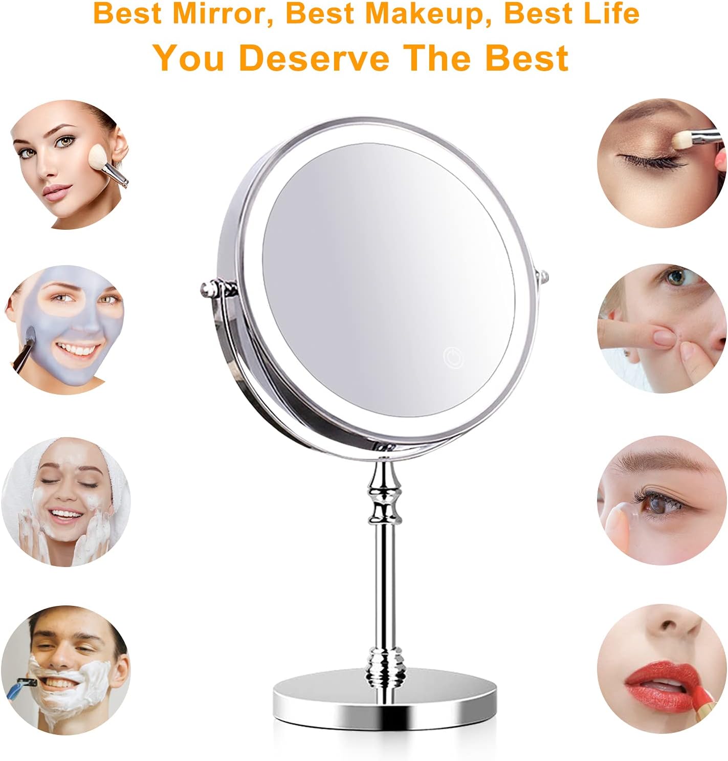 UUCOLOR Makeup Mirror with Lights USB Rechargeable 8 Inch 3 Color Lights Two Sided 1X/10X Magnification LED Vanity Mirror Touch Control Intelligent Shutdown 360°Rotation Light up Mirror Chrome Finish -