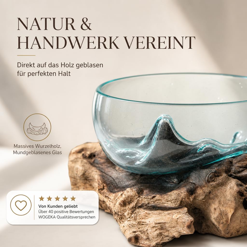 Handgefertigte Deko Glasschale - B-Ware - Unikat Vase auf Wurzelholz - mundgeblasenes Gestaltungselement aus Teakholz - Naturdesign für Tischdeko, Wohnzimmer, Balkon - Ø 18-20 cm Schale L