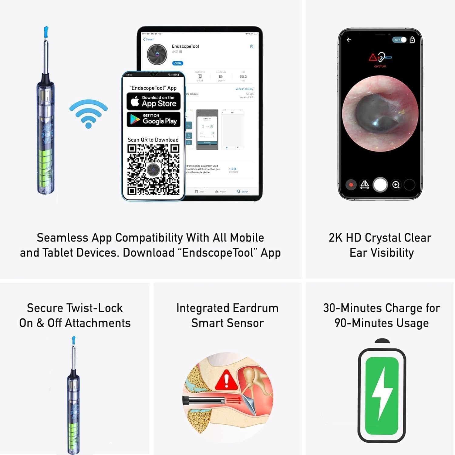 Flohsen Otoscopio Digitale per Uso Domestico, Endoscopio Orecchio 2K HD con WiFi, Telecamera per Pulizia Orecchie, Aspiratore Cerume, 6 LED per iPhone/Android – Strumento per Cura Personale