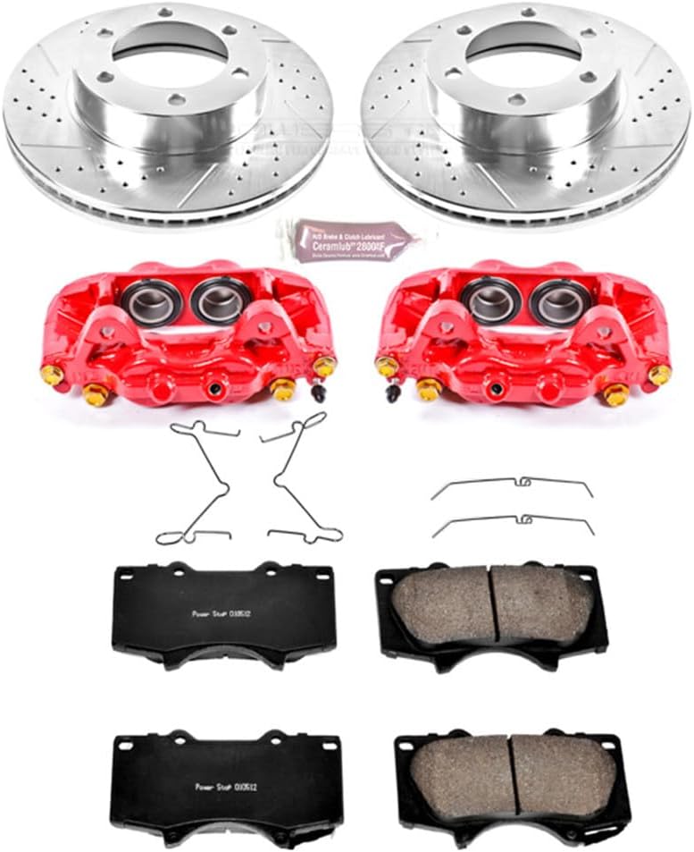 PowerStop Front Brake & Caliper Kit for Toyota Sequoia 2001-07 | Toyota Tundra 2000-06 - Carbon-Fiber Ceramic Brake Pads + Drilled & Slotted Rotors + Red Powder Coated Calipers, KC2324