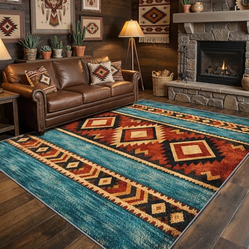 Phtbz tapis Aztec Navajo 5x8 pi turquoise lavable