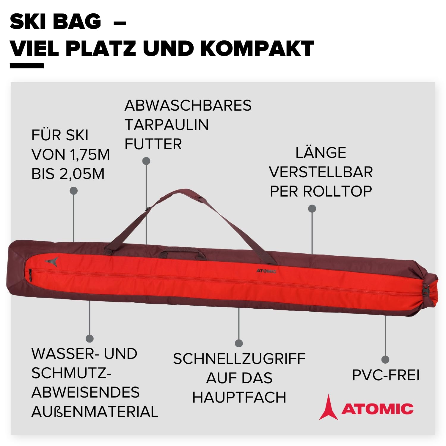 Atomic Ski-Sack Ski Bag, 26 x 205 x 14 cm, Längenverstellbar, Polyester, rot/hellrot, AL5038510