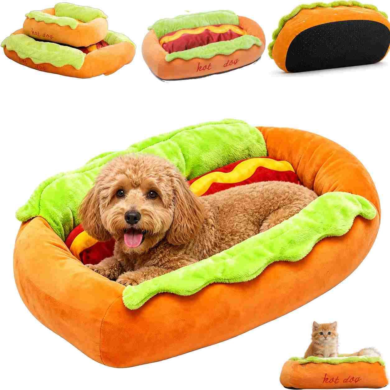 Hot Dog Dog Bed,Novelty Removable Washable Dachshund DogBed with Thick Fabric Cushion and Zipper,Soft Plush Pet Bed with Non-Slip Bottom,Cute and Warm Cozy FoodDog CatBed,for Living Room Office