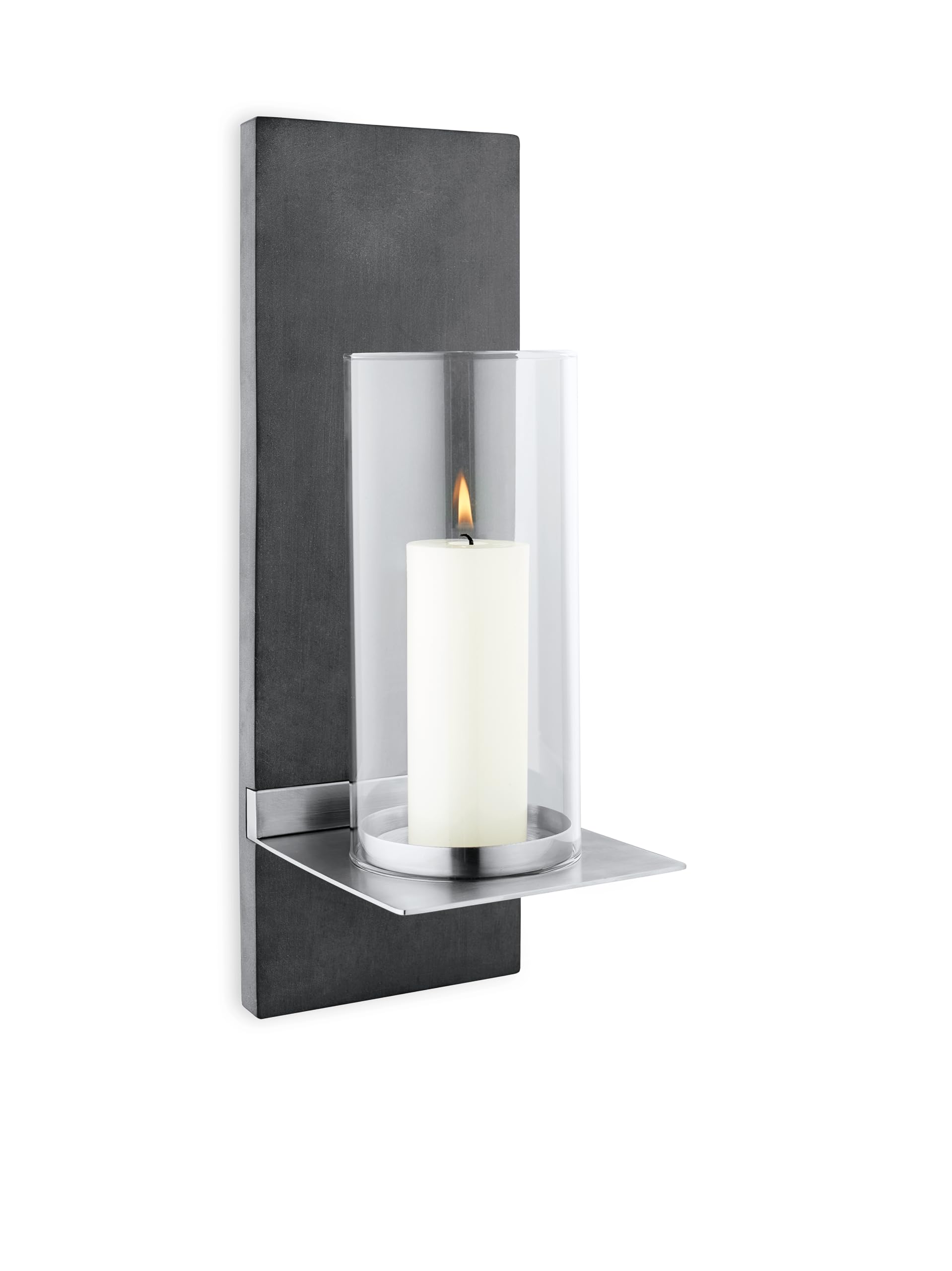 blomus -FINCA- Wandleuchter S mit Kerze, Wandkerzenhalter, exklusive Optik, Polystone / Glas / Edelstahl, In- & Outdoor, hochwertige Verarbeitung (H / B / T: 38 x 13 x 15 cm, Edelstahl-matt, 65422) | Wandkerzenhalter aus PolyStone, für Innen- und Außenber