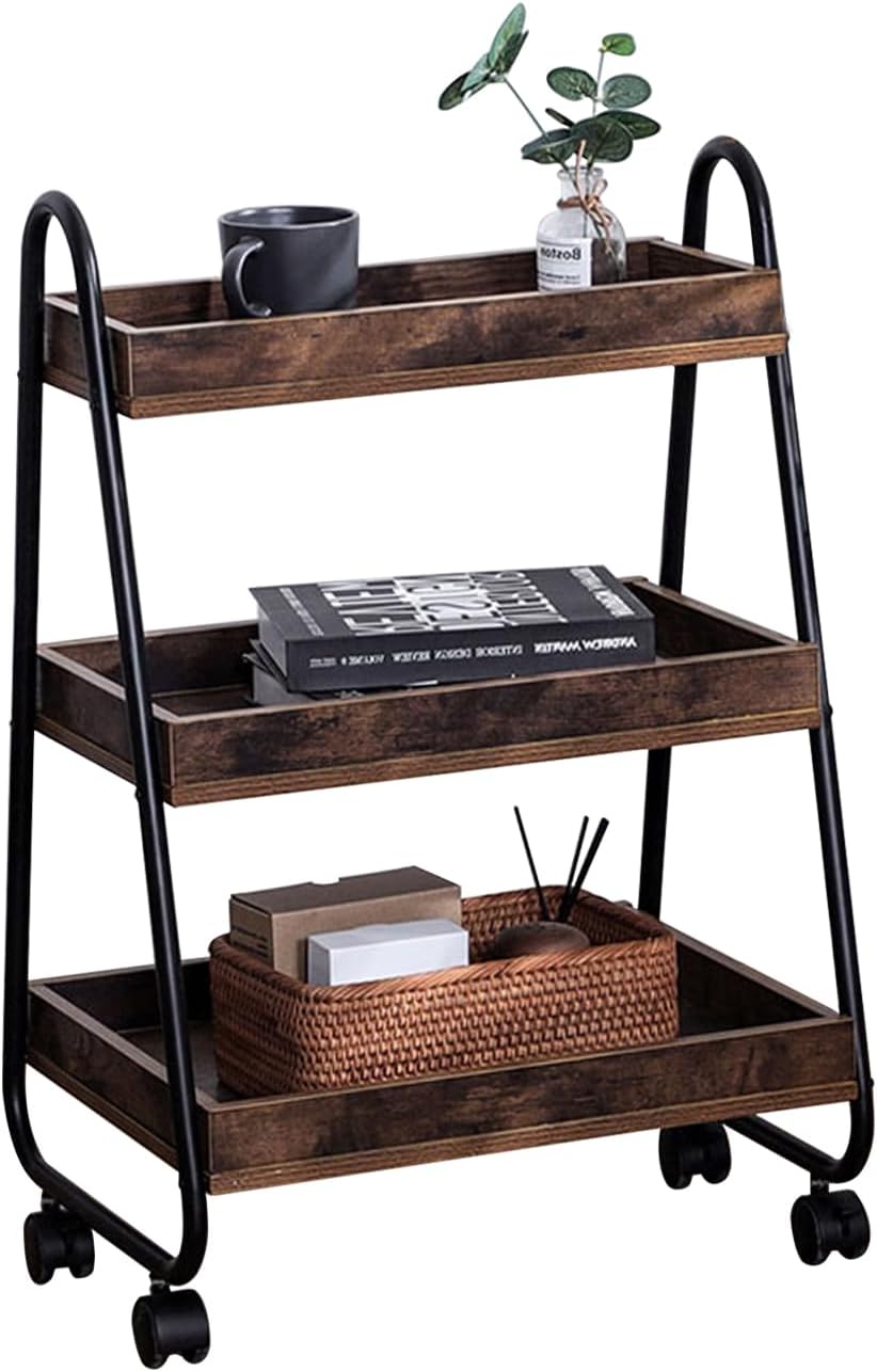 3-Tier Wood A-Frame Shelf with Wheels, Ladder shaped Steel Frame Mobile Storage Shelf for Small Space, Rustic Vintage Slim Rolling Cart Creative Trolley for Bedroom, Living Room, Study, Office (Black)