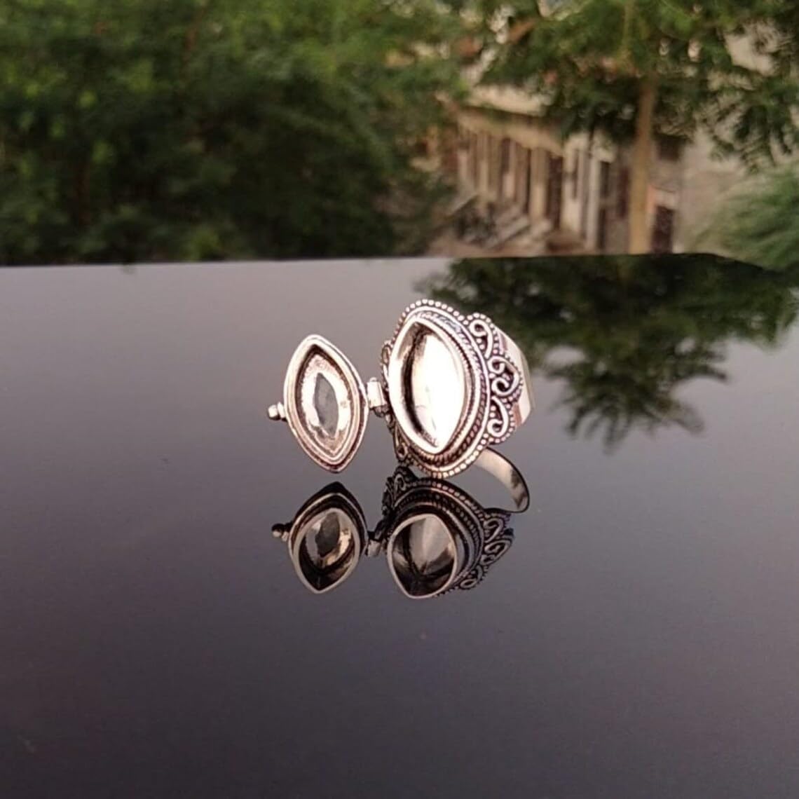 925 Sterling Silver Poison Ring with Natural Rainbow Moonstone - Vintage Marquise Compartment Locket Ring for Women, Secret Pill Box Jewelry, Unique Poisoner's Elegant Accessory
