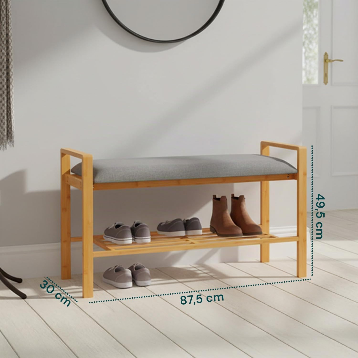 Avilia Panca Scarpiera da Ingresso in Bambù Panca Contenitore con Seduta Imbottita Grigia, Scarpiera Salvaspazio Slim Ripiano a Doghe, Portascarpe Moderno per Camera, Corridoio e Bagno