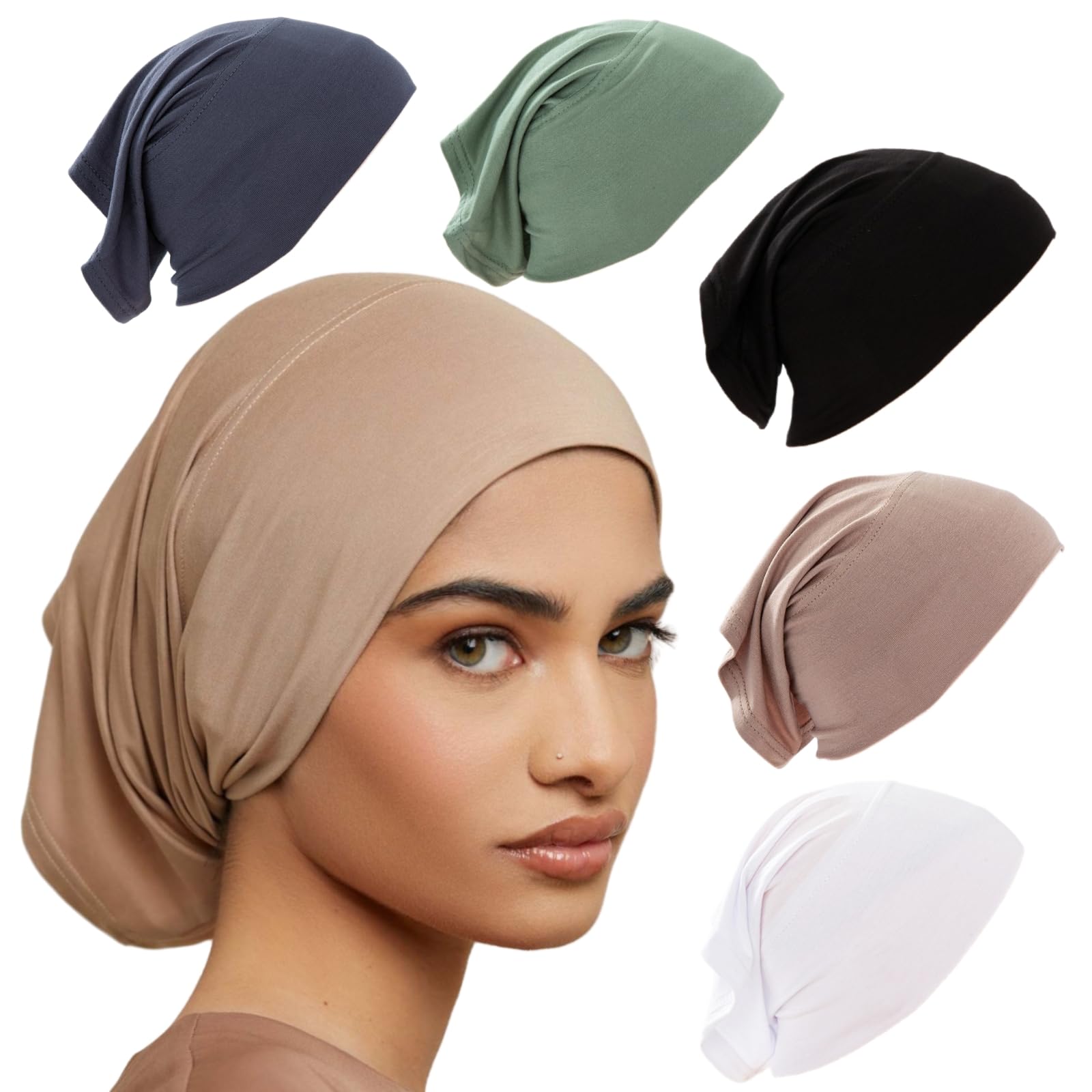 Hijab Caps 5 Pack Modall Silky Cotton Underscarves, Stretchy Straight Cut Hats in 5 Colors, Moisture-Wicking & Breathable, for Sports, Work, & Daily Commuting 24.5x10cm, Versatile Headscarf