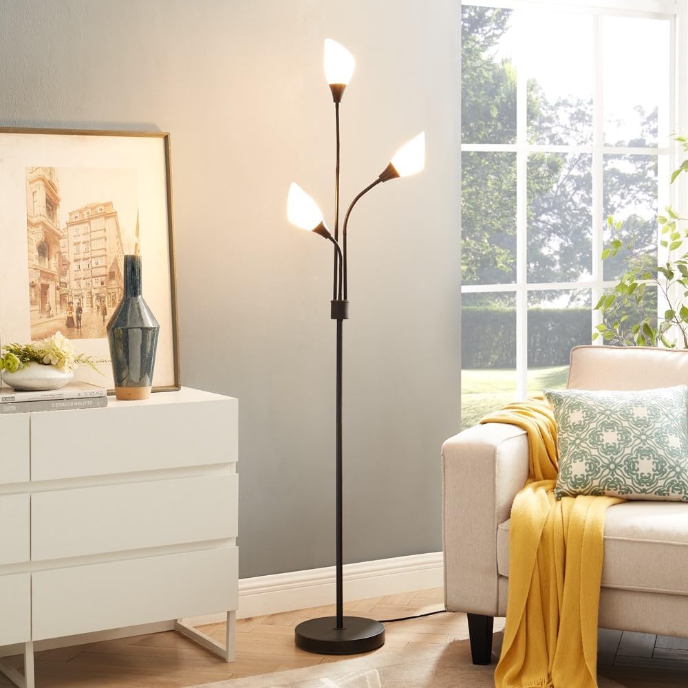 Celeste Modern Reading Floor Lamp, 3-Light with Adjustable Flexible Gooseneck, Tree Standing Floor Lamp for Living Room, Bedroom, Study Room, Home Office, Black