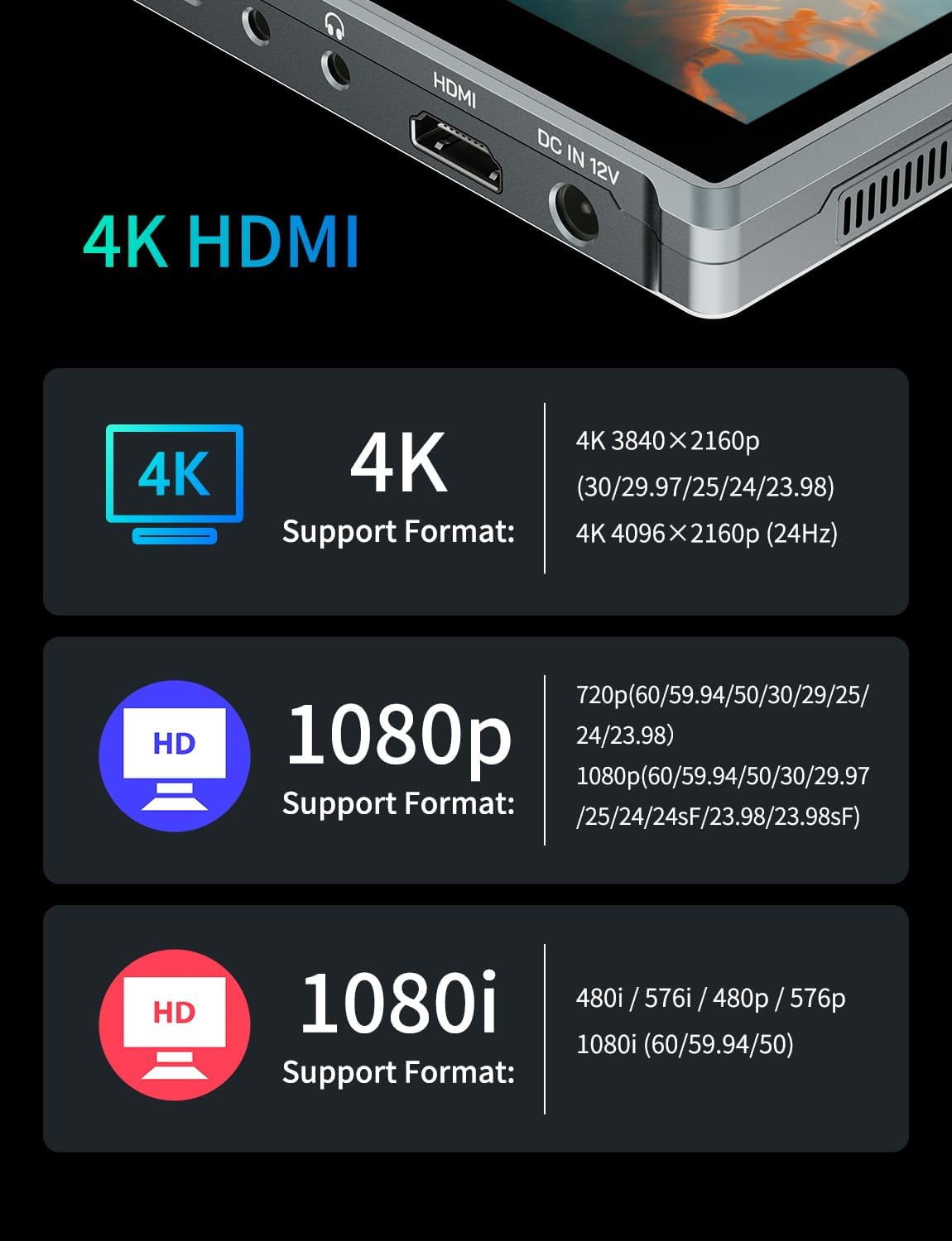 FEELWORLD FW759 PRO monitor highlighting 4K HDMI support formats: 4K 3840x2160p, 4K 4096x2160p, 1080p, and 1080i.