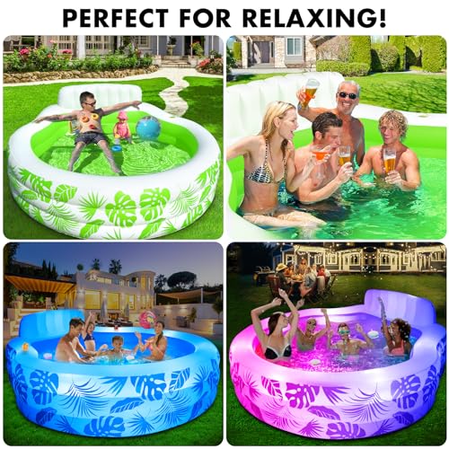 Inflatable Pool with Pool Lights, Oversized Thickened Blow Up Pools with Seat, Family Inflatable Pools for Audlts, 90"x90"x24" Large Inflatable Kids PooI for Backyard, Kiddie pooI Outdoor (White)