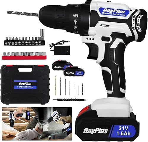 Juego de taladro inalámbrico de 21 V, kit de taladro eléctrico con 2 baterías de 1.5 Ah, taladro eléctrico con 400 In-lbs máximo, 2 velocidades