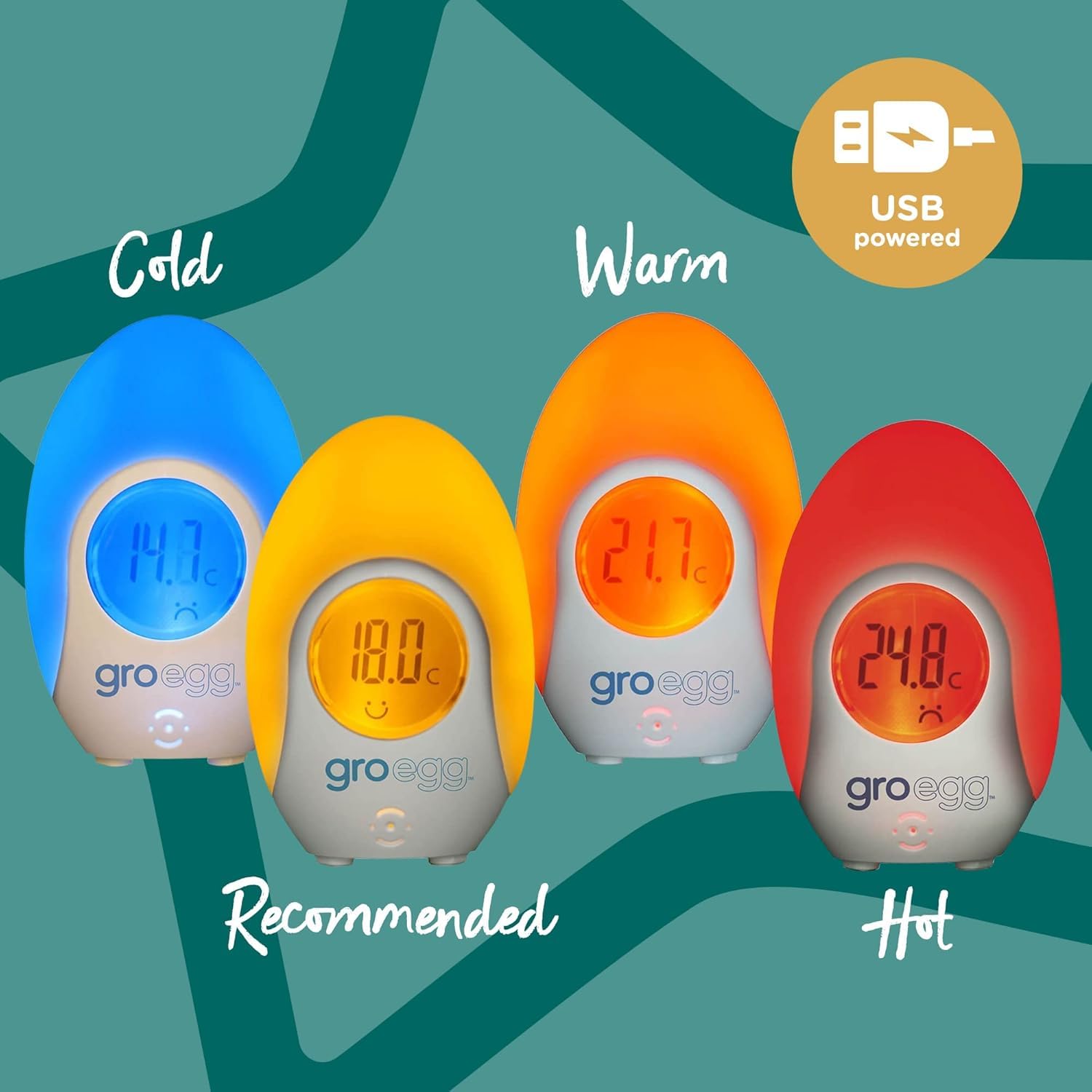Tommee Tippee Groegg Thermomètre numérique à couleur changeante pour chambre d'enfant et veilleuse, alimenté par USB, affichage numérique de la température, 1 pièce