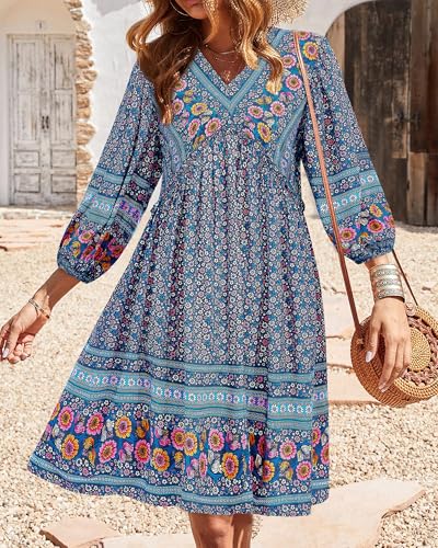 Image of BTFBM Women Casual Spring Summer Dresses V Neck 3 /4 Long Sleeve Ruffle Floral Flowy Boho Babydoll Mini Short Beach Dress