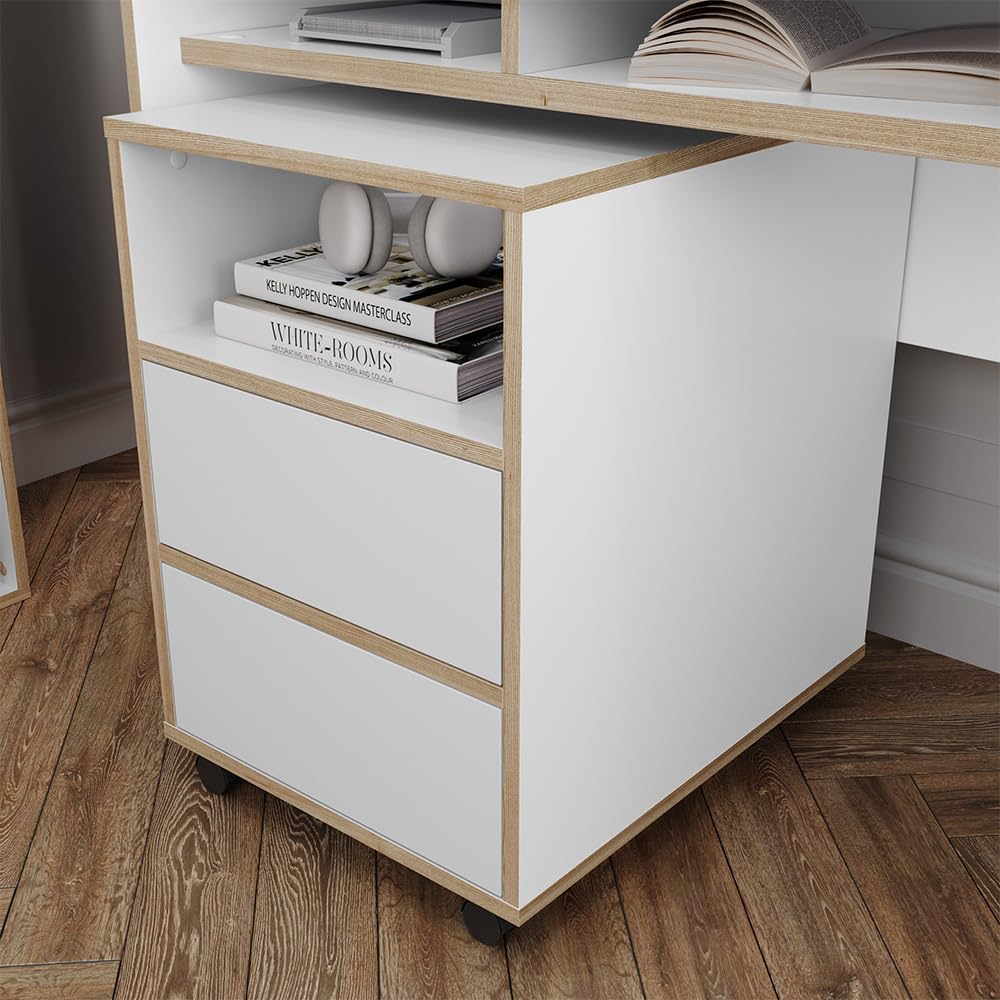 Vicco Caisson Roulant Tetrix, Blanc, 42x55cm | avec étagères et 2 tiroirs, sur roulettes pour une utilisation flexible au bureau ou en télétravail