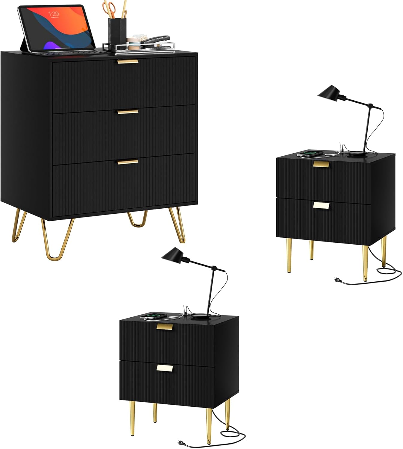 3PCS Black 3 Drawer Dresser and 2 Drawer Nightstand with Charger Station Set 2