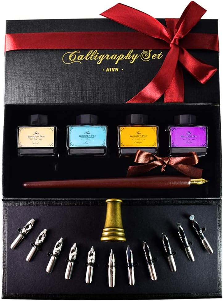 AIVN Calligraphy Set with 4 Color Inks, 12 Nibs, Pen Holder and Introduction Booklet