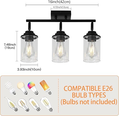 Miniatura 4 de KEESFU Lámpara de techo de 3 luces, luz negra de tocador de baño con pantalla de vidrio transparente giratoria, montaje en techopared, moderna