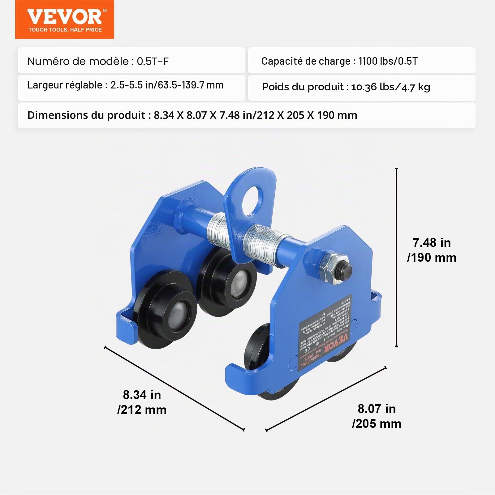 VEVOR Chariot Porte-palan Manuel, Charge 0,5 Tonne, Chariot à Poutre poussée 2 Roues, réglable pour Largeur Poutre I 63,5-139,7 mm, palan de Garage en Acier allié pour Poutre en I Droite et incurvée