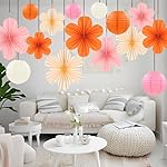 15 Pcs Fall Party Decor Set, Pink and Orange Hanging Paper Lanterns, Paper Flowers Fans for Baby Shower Thanksgiving Birthday Wedding Bachelorette Graduation Classroom Wall Decorations - Image 3