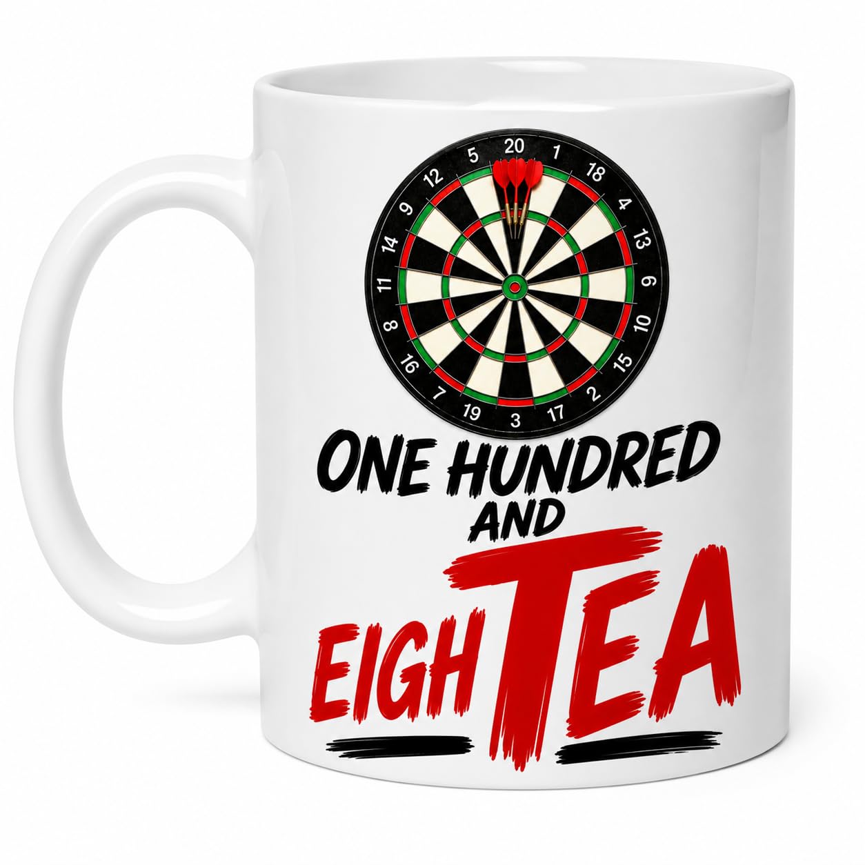 SASSY SIPS Personalised Darts Coffee Mug, 'One Hundred and EighTEA' Funny Design, White Ceramic, 11oz, Dual-Sided Print, Glossy Finish, Joke, Sports