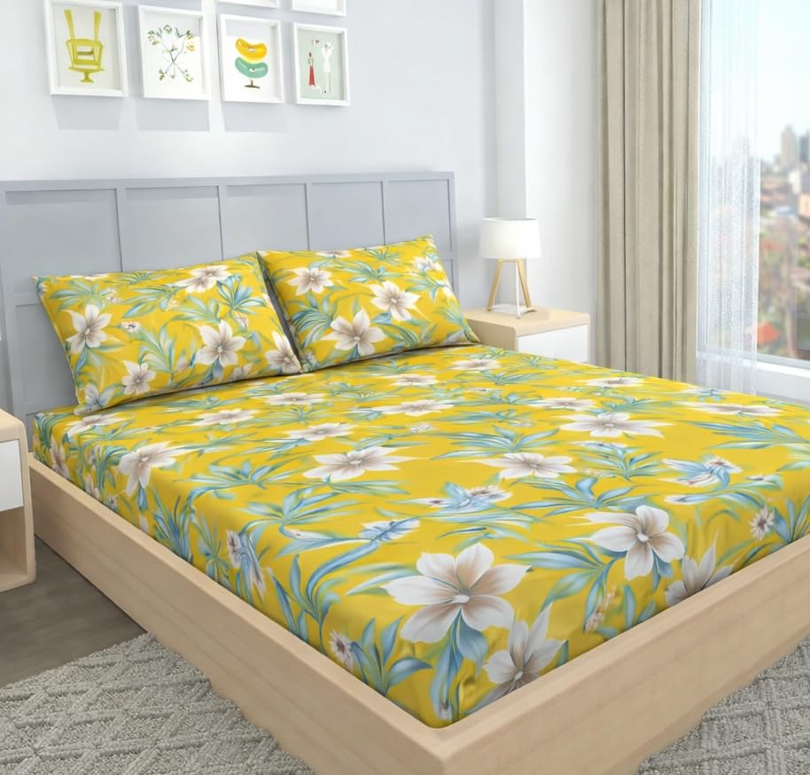 Image of BEVI - Home Super Fabric 300 TC Microfiber Single Queen Size Bedsheet with 1 Pillow Cover - Printed Yellow Flower (60x90)