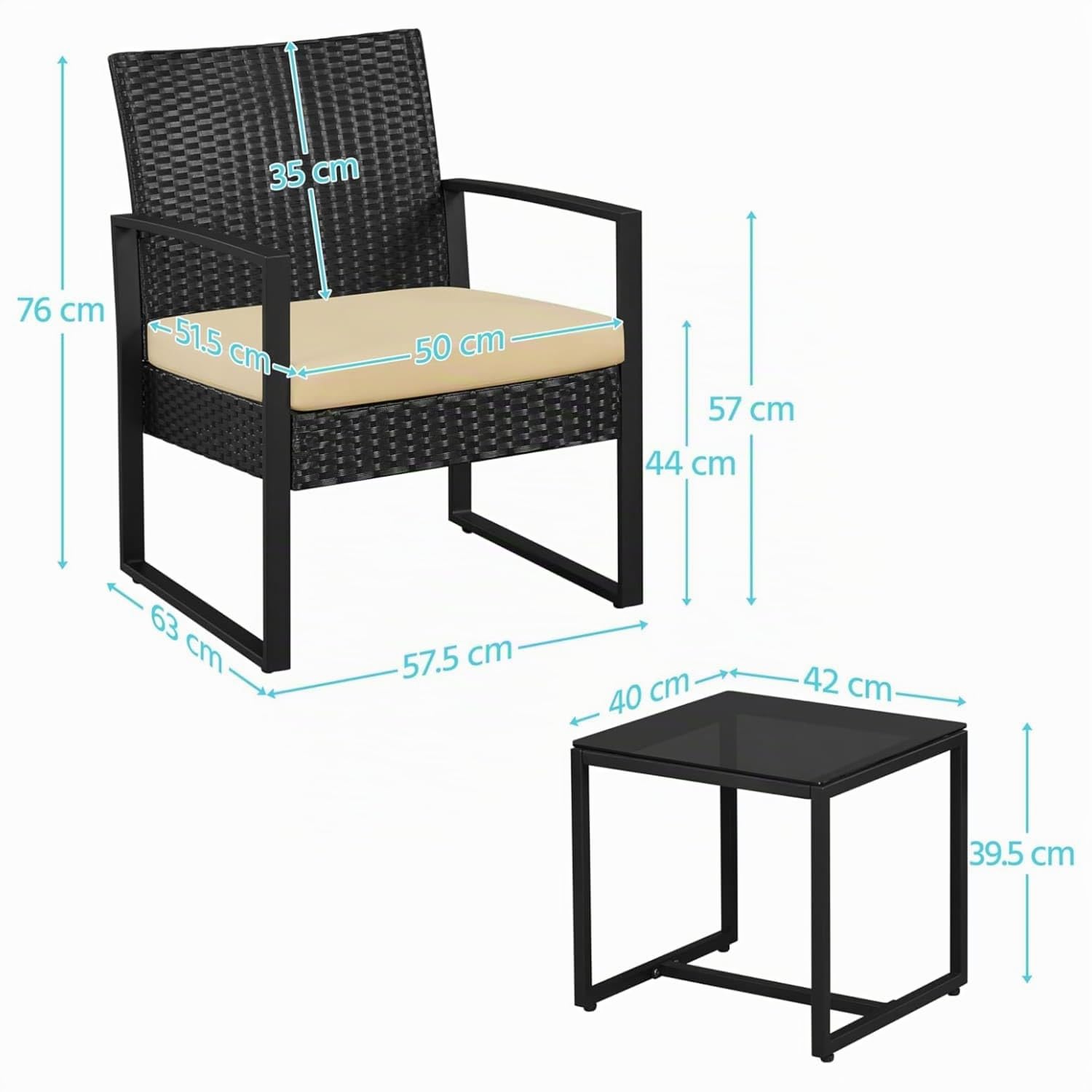 Set Arredo Da Giardino 2 Poltroncine Con Tavolino Ideale Per Esterno Balcone Terrazzo Patio Sedie Con Cuscini Beige Polyrattan E Metallo Design Moderno 57.5 x 63 x 76 Cm Nero