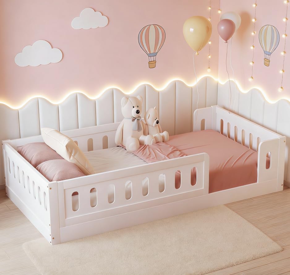 Bellemave Twin Floor Bed for Kids, Twin Size Floor Bed with High Fence, Wooden Montessori Beds for Kids, White no slats