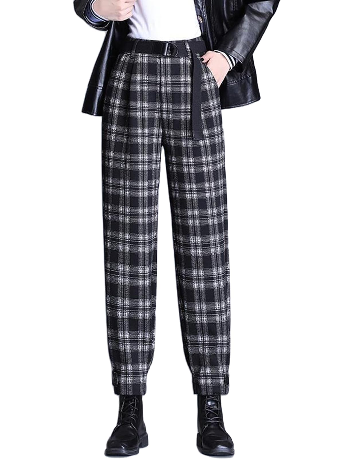 Womens Plaid High Waist Pants Belted Loose Tapered Casual Trousers Fall Winter Casual Pants