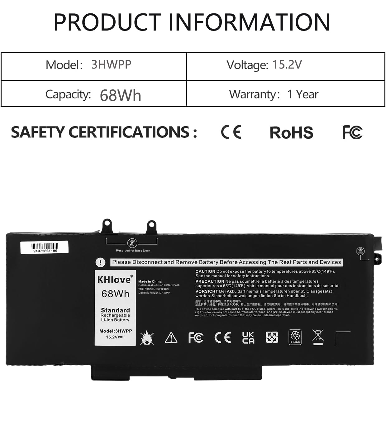 3HWPP Laptop Batteria per Dell Latitude 5410 5510 5501 5401 5411 5511 Precision 3541 3551,Inspiron 7706 2-in-1, Inspiron 17 7500 7506 2-in-1 Black 03HWPP 10X1J N2NLL 1VY7F 451-BCMN 68Wh