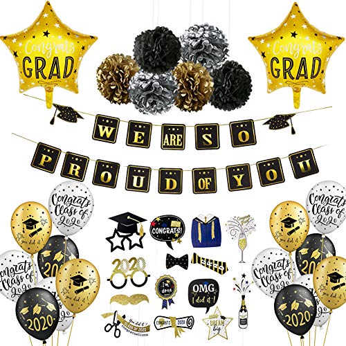 Easy Joy Graduation Party Decoration 2020 Or Noir Ballon Deco Kit + Congrats Banner + Graduation Photobooth