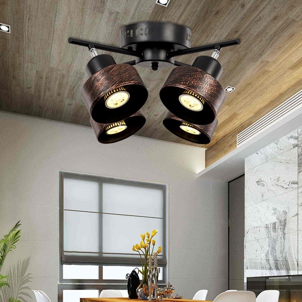 LED Vintage 4 * 5W Deckenspot Schwenkbar Schwarz-Rost Deckenstrahler 4-Flammig Verstellbare Retro Eisen Wand-Lampe Decken-Leuchte Innen-Beleuchtung Wohnzimmer Restaurant Decken-Spot