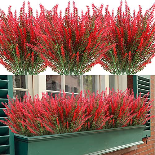Zeostaro Artificial Lavender Flowers 12 Bundles Outdoor Uv Resistant Fake Flowers No Fade Faux Plastic Plants Garden Porch Window Box Decorating (Deep Red) #TOP15