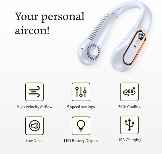 BreezeBliss Pro Neck Fan: Your Personal AC on The Go, Portable Neck Fan 7000mAh, Bladeless 5-Speed Personal Cooler (White)