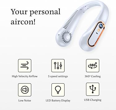 BreezeBliss Pro Neck Fan: Your Personal AC on The Go, Portable Neck Fan 7000mAh, Bladeless 5-Speed Personal Cooler (White)