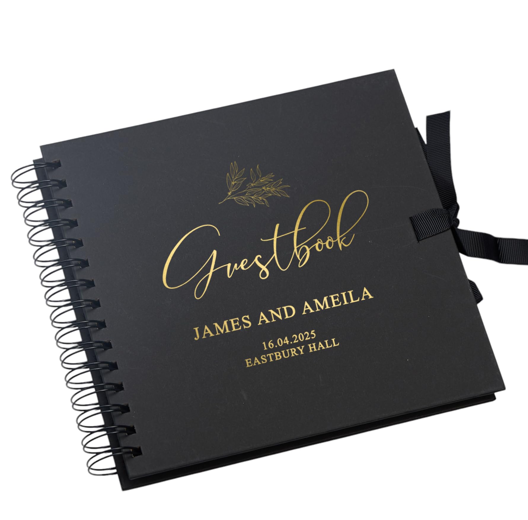 Personalised Wedding Guest Book with Delicate Leaf Foil Design, 20.3 x 20.3 cm, Spiral Binding, Multiple Colours (Black)