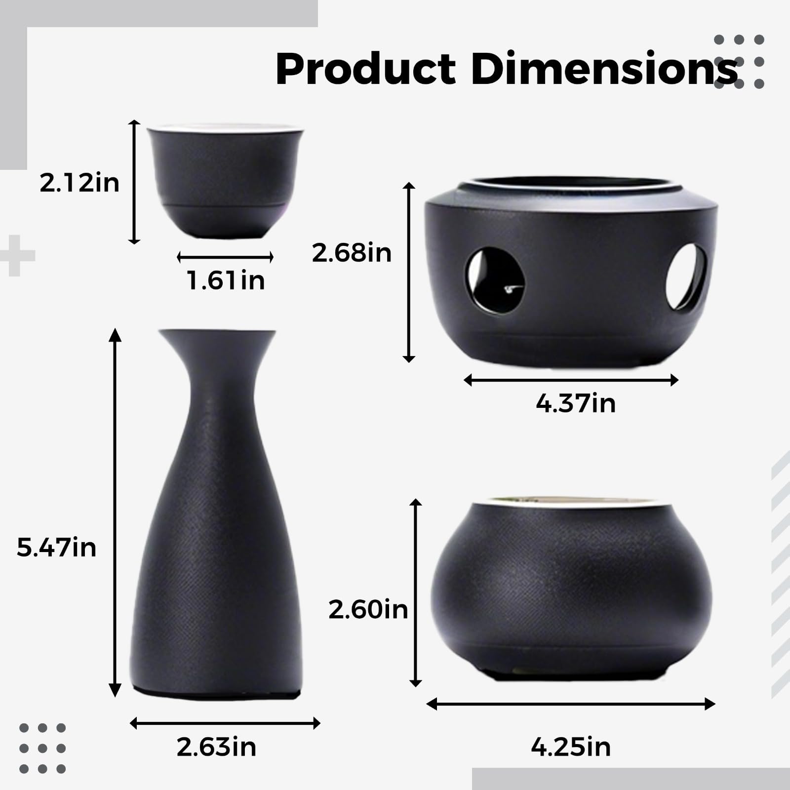 Lot de 4 tasses à saké en céramique traditionnelle chinoise avec pot chaud, poterie noire, chauffe-pied inclus, bougies chauffées, tasses de 4,1 cm de haut
