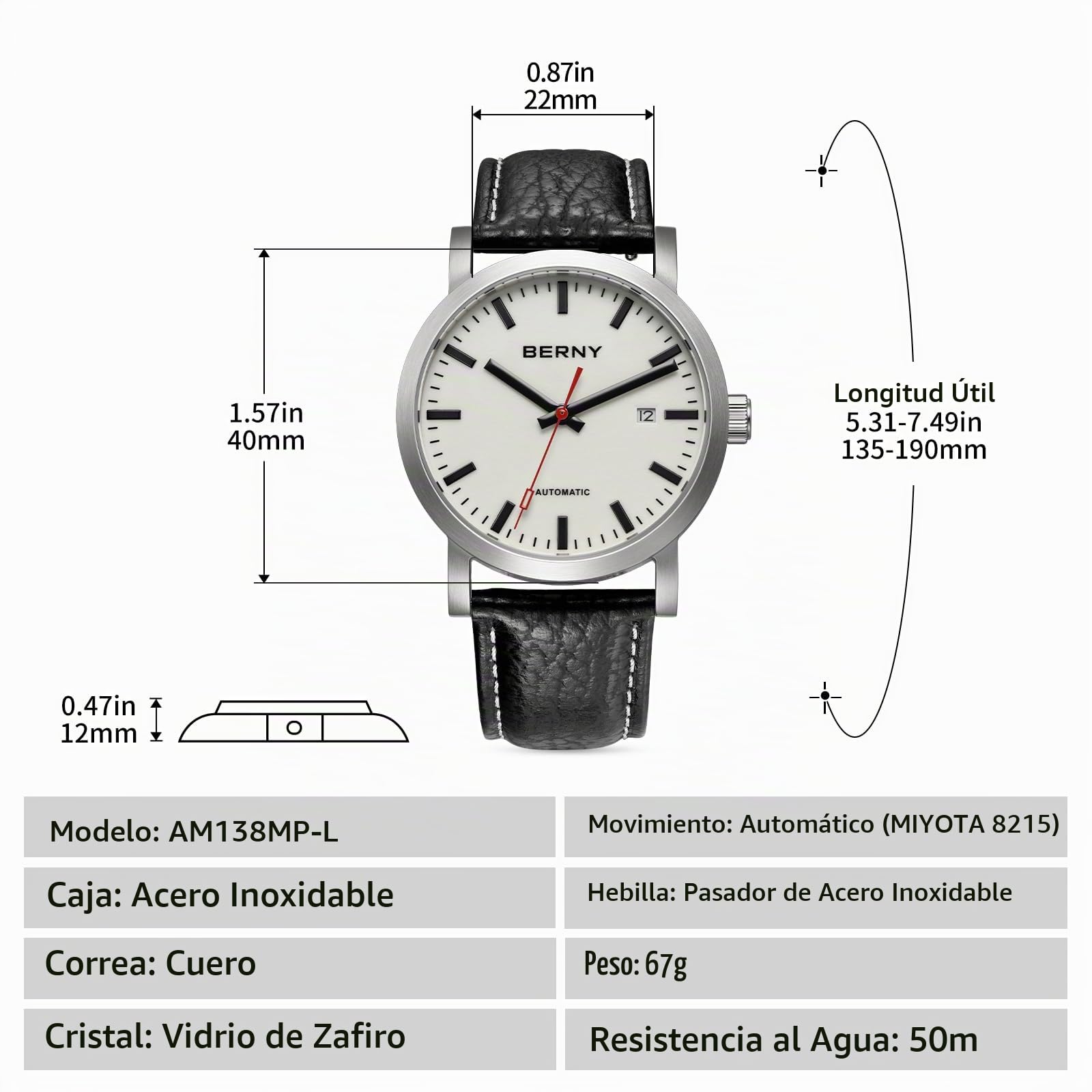 BERNY Clásico Reloj Automático Masculino Mecánico Reloj de Autorollo Correa de Acero Inoxidable 5ATM Impermeable y Luminoso