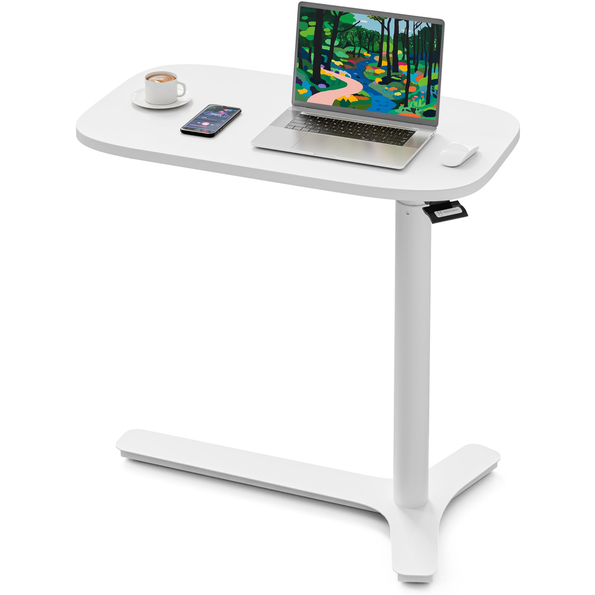 Muvai Overbed Bedside Table with Hidden Casters,30 Inches Adjustable Height Pneumatic Mobile Laptop Standing Desk, Rolling Computer Table for Home & Hospital Use ?White 30" W x 17.7" D