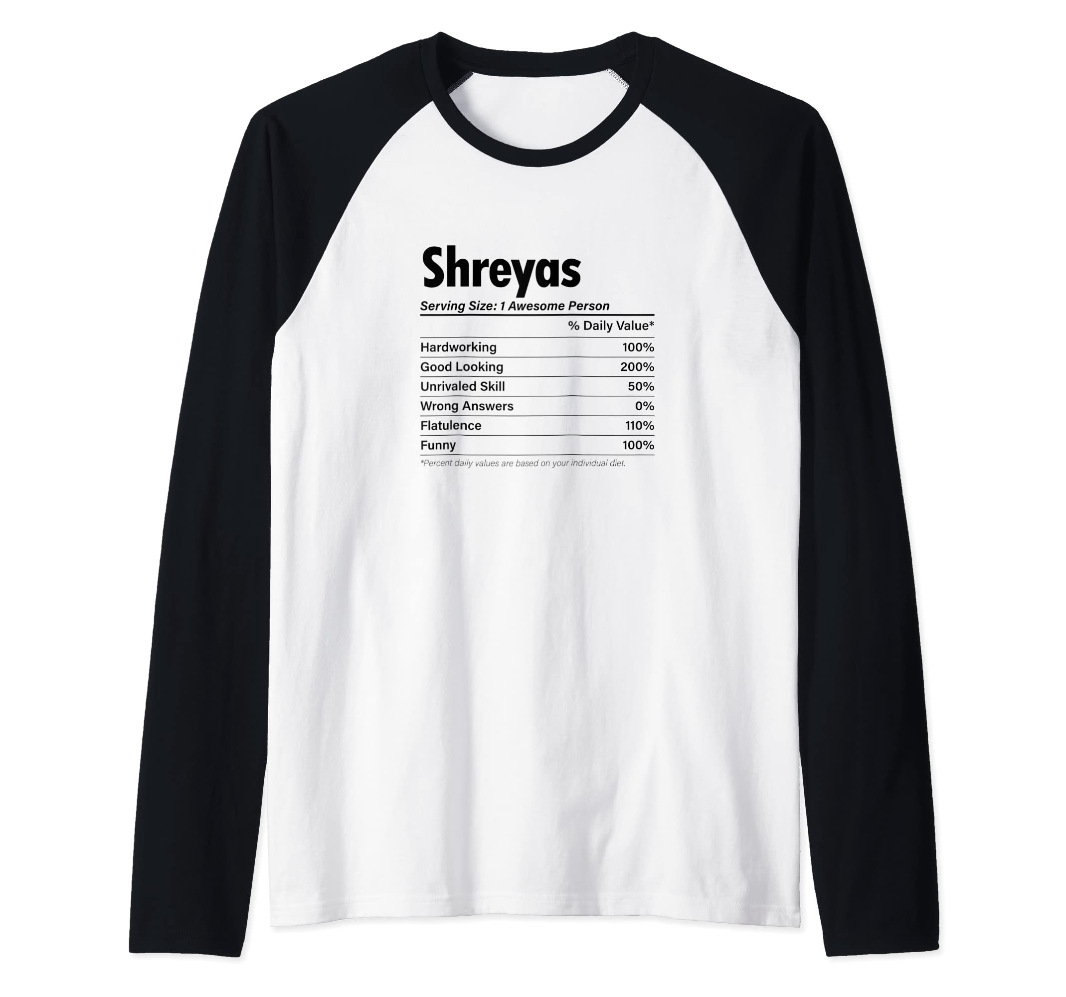 SHREYAS Nutrition Facts | Funny Name Definition - Graphic Raglan Baseball Tee