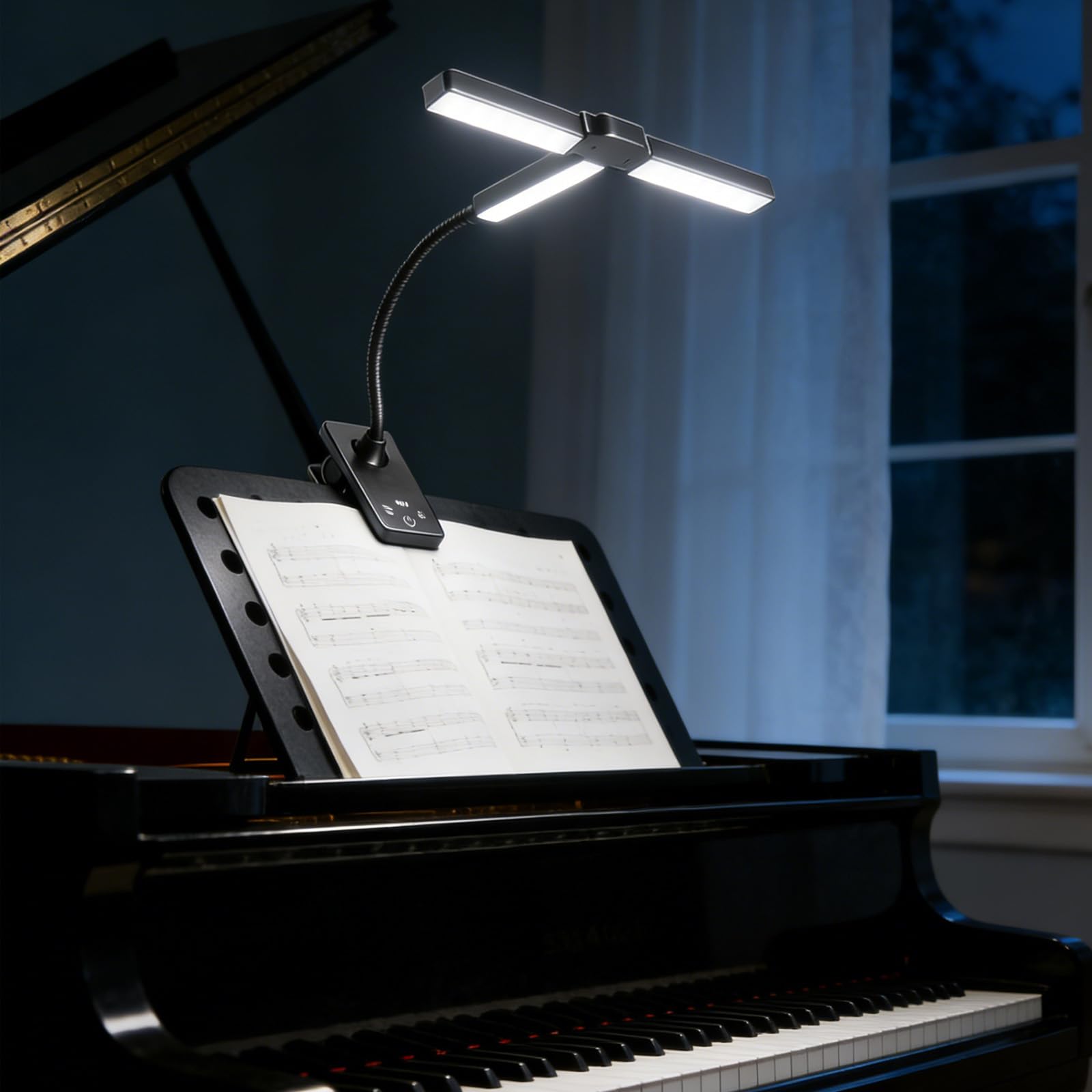 GBKDQQ 3 Kopf Notenpultleuchte Mit Clip: Dimmbar Klavierlampe Faltbar, Flexible USB-C Wiederaufladbar, Superhell 57 LEDs, 4 Farben x 12 Helligkeit, für Lesen und Musiknotenbeleuchtung