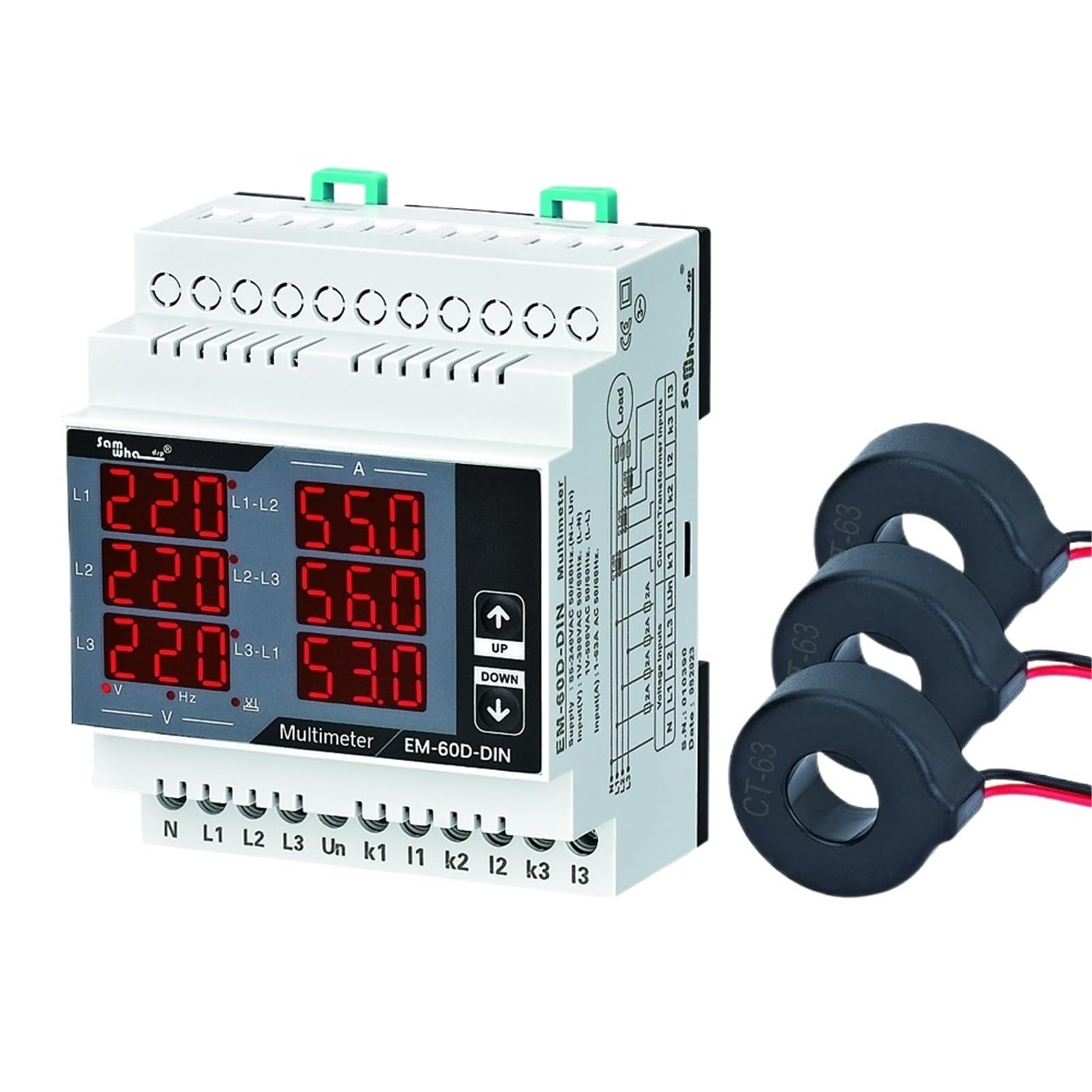 OGYTRVUFX Samwha-Dsp EM-XXD-DIN Digital Multimeter, Contains 3 C.T, Three Phase Volt(L-L),(L-N), Ampere,Frequency, Phase Sequence Display(250D(10-250A))