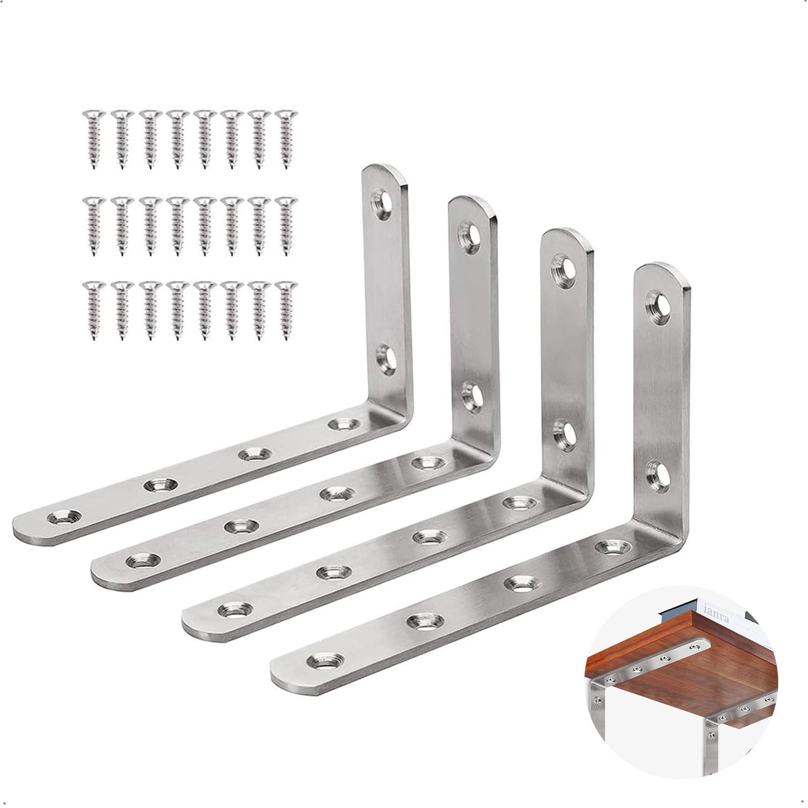 Joyzzz Corner Brace, 4 Pcs Heavy Duty L Bracket for Shelves Brackets, Stainless Steel Brushed Shelf Bracket for Acrylic Wood Board Support, 90 Degree Stainless Steel Right Angle Bracket with Screws