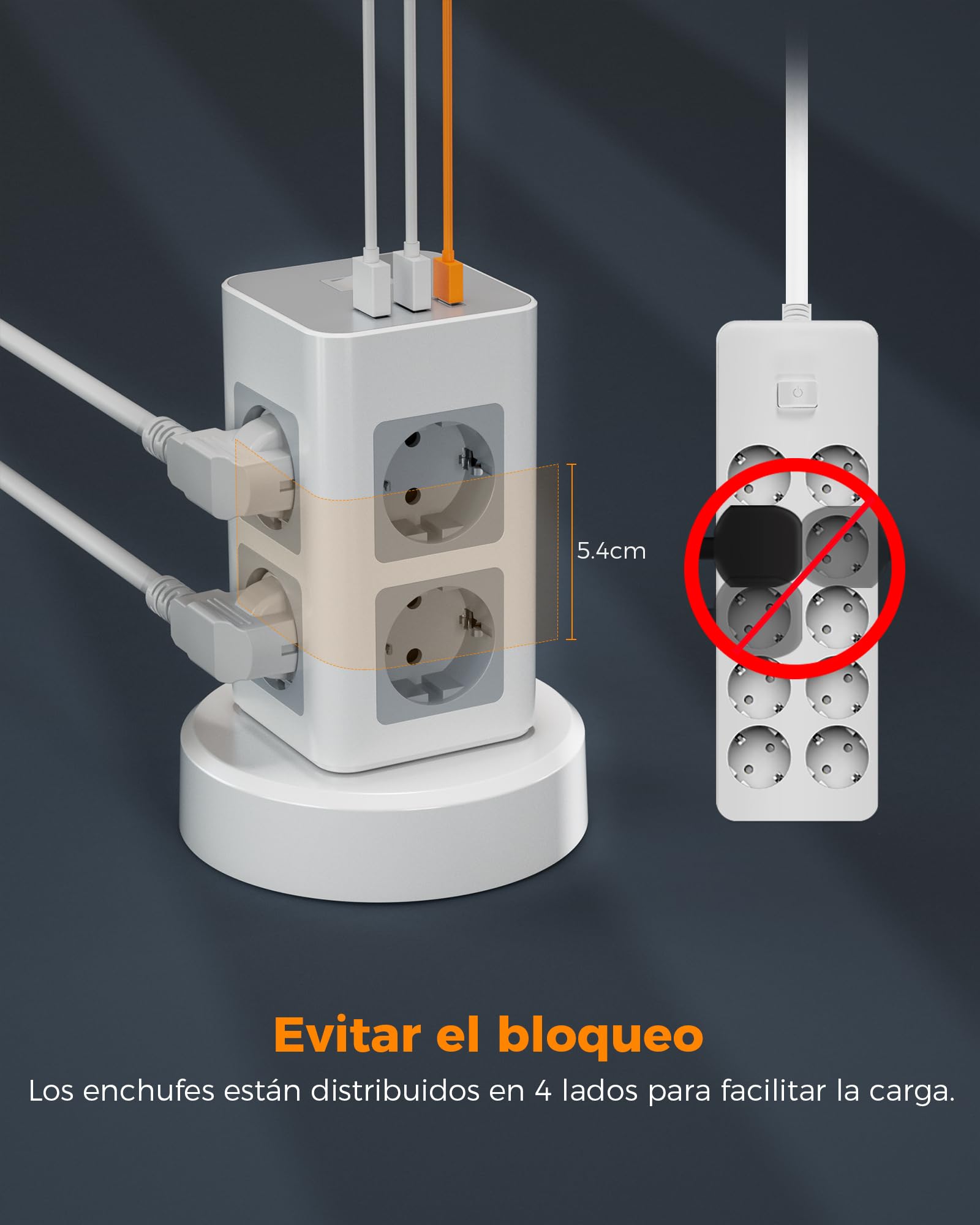 TESSAN Regleta Enchufes con USB C, 11 en 1 Regleta Vertical con Interruptor, Torre Alargador Enchufe con Cable de Extensión Retráctil 2M, 2500W, Gris