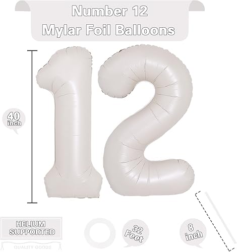 Miniatura 2 de Globos gigantes de 40 pulgadas color blanco crema con el número 12, globos de aluminio de Mylar con helio para fiestas de cumpleaños, decoraciones