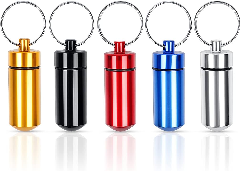 ZGTS 5PCS Waterproof Aluminum Pill Box Pocket Pill Case Portable Container Keychain Pill Holder Pill Container for Outdoor Travel Camping Multi Colors