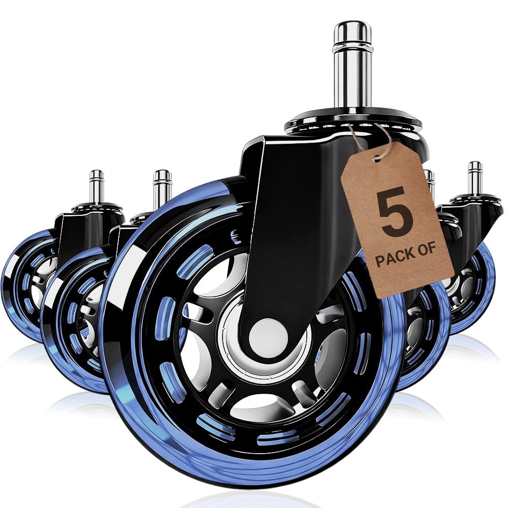 Blue Office Chair Casters, 3 Inch Heavy-Duty Rubber Chair Castors Replacement, Computer Gaming Desk Chair Wheels-Set of 5, Smooth Rolling for Hardwood Carpet Tile Floors, 11 * 22mm Universal fit