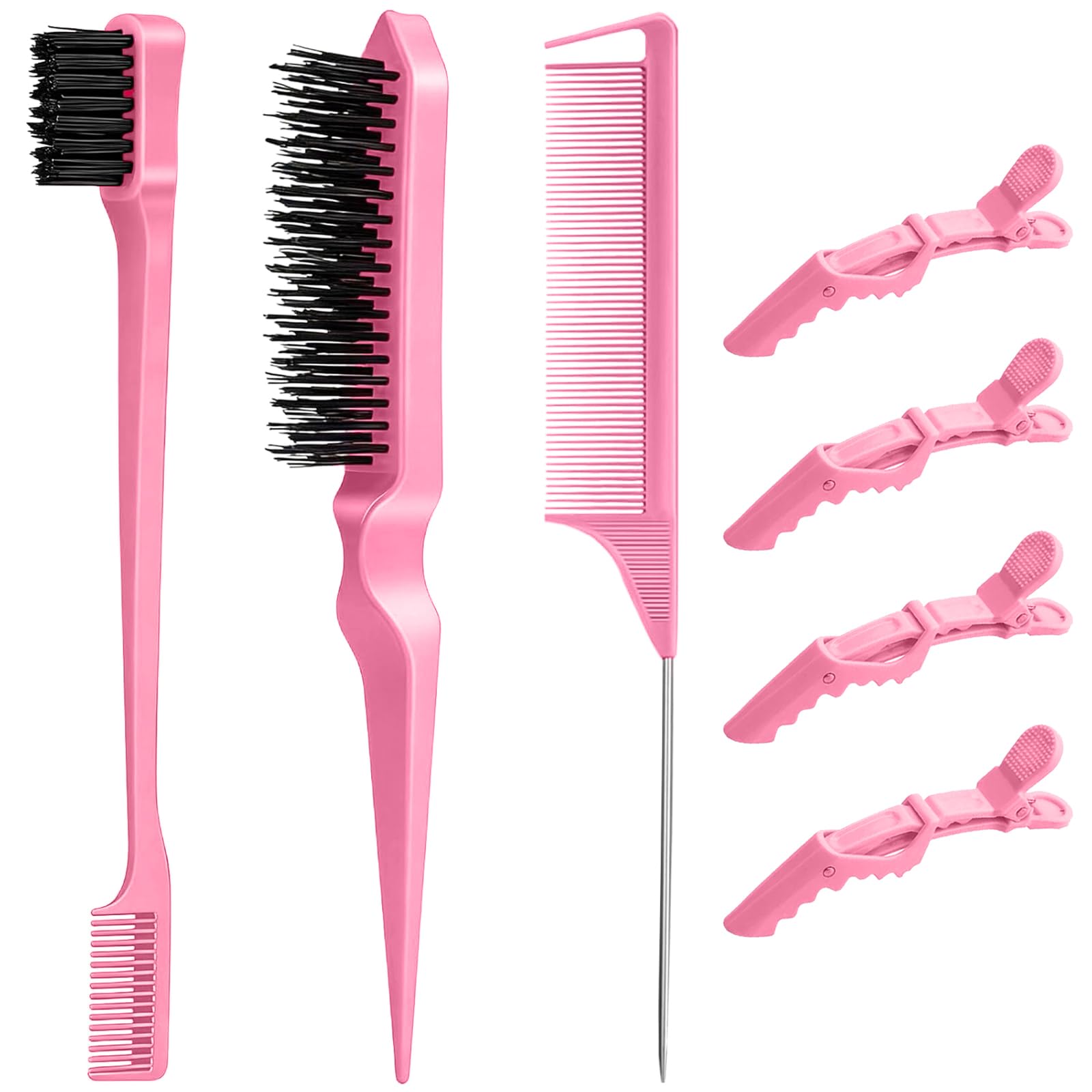 7Pcs Hair Styling Set with Slick Back Hair Brush,Edge Control Brush,Rat Tail Comb Hair Accessories for Smooth Flyaways,Teasing Comb with Gator Clips for Taming Frizz Sleek Ponytails Women Girls (Pink)