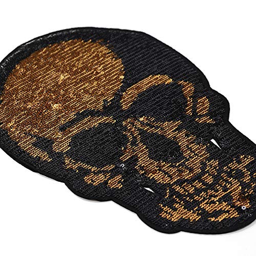 Joyce Trim 2-Pc 7-3/4" Skull Sequin Halloween Iron-On Applique Patch, Tr-11874 (Gold/Black) #TOP1